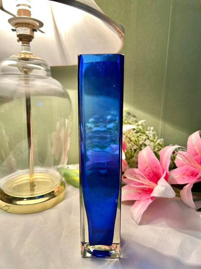 Vintage Cobalt Blue Rectangular Art Glass Vase, Approx. 9.5 in