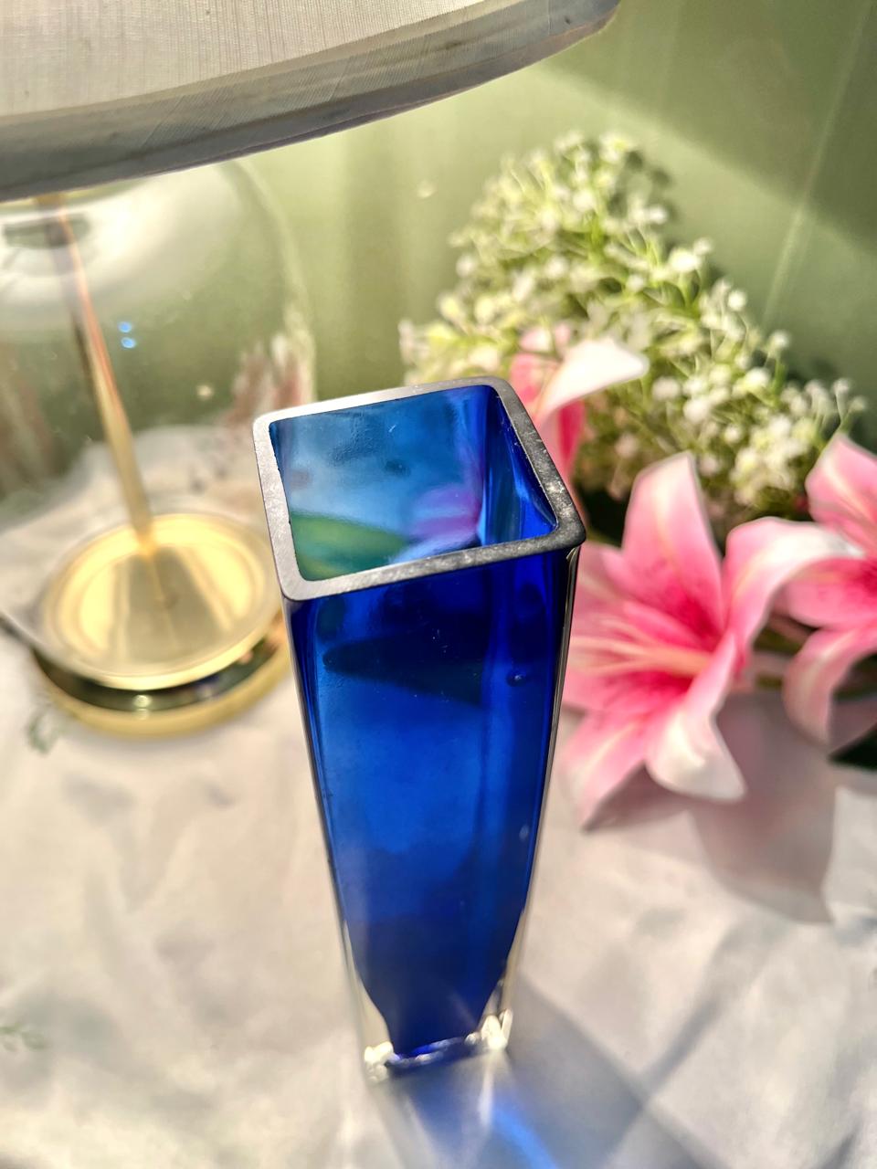 Vintage Cobalt Blue Rectangular Art Glass Vase, Approx. 9.5 in