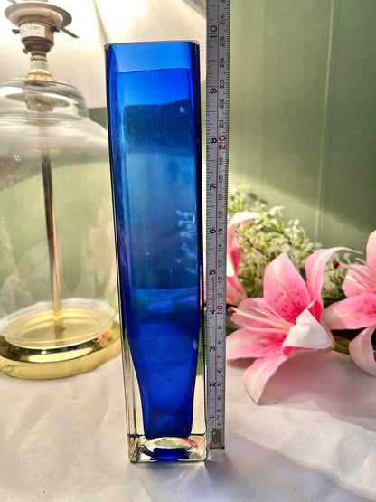 Vintage Cobalt Blue Rectangular Art Glass Vase, Approx. 9.5 in