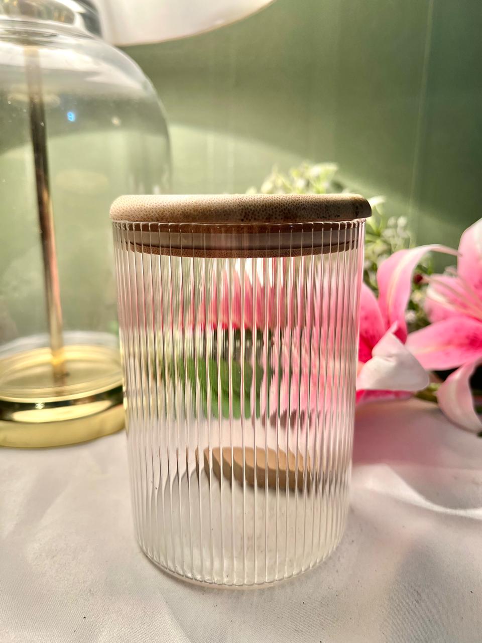 Vintage Ribbed Glass Storage Jar with Fabric Lid, Approx. 5.5 in