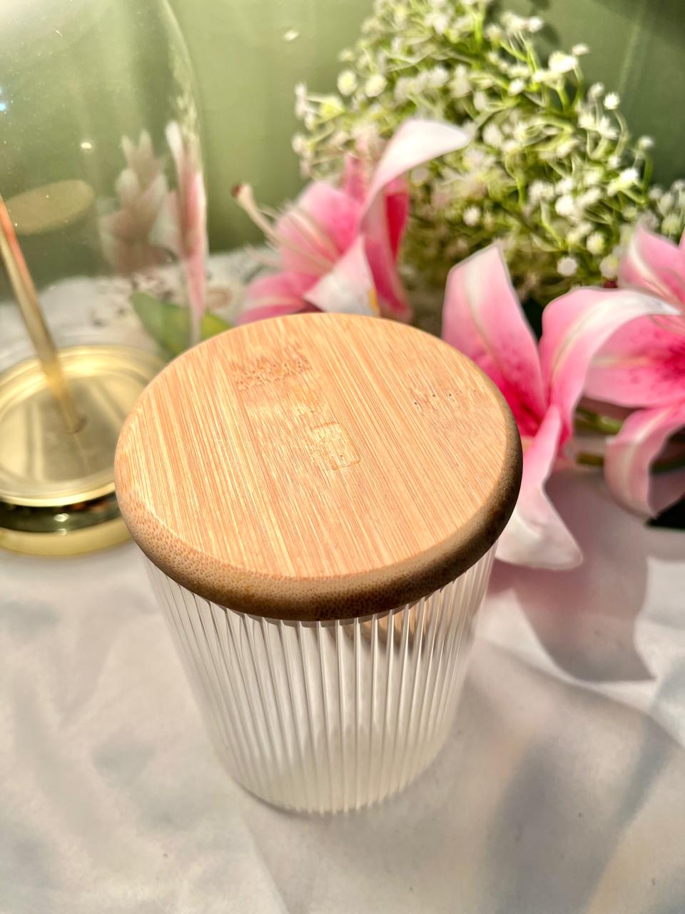 Vintage Ribbed Glass Storage Jar with Fabric Lid, Approx. 5.5 in