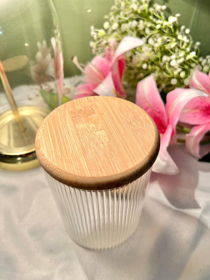 Vintage Ribbed Glass Storage Jar with Fabric Lid, Approx. 5.5 in