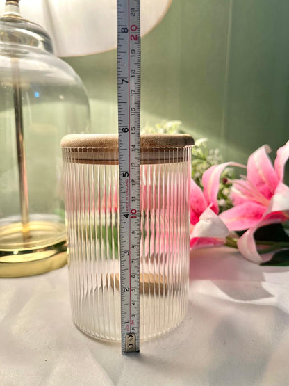 Vintage Ribbed Glass Storage Jar with Fabric Lid, Approx. 5.5 in
