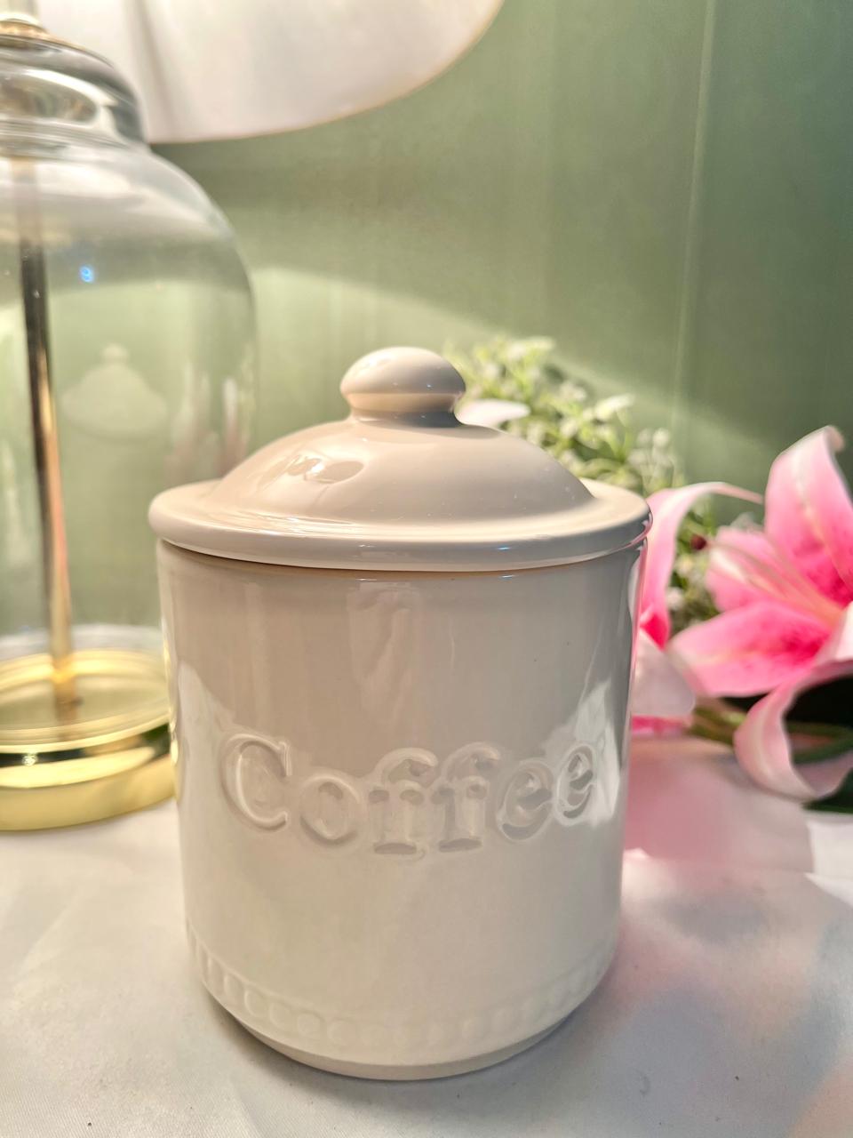 Vintage Cream Ceramic Coffee Canister with Lid Air tight , Approx. 5 in