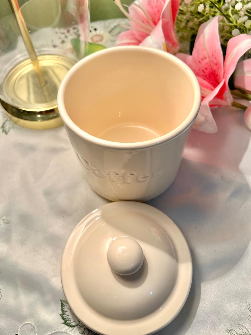 Vintage Cream Ceramic Coffee Canister with Lid Air tight , Approx. 5 in