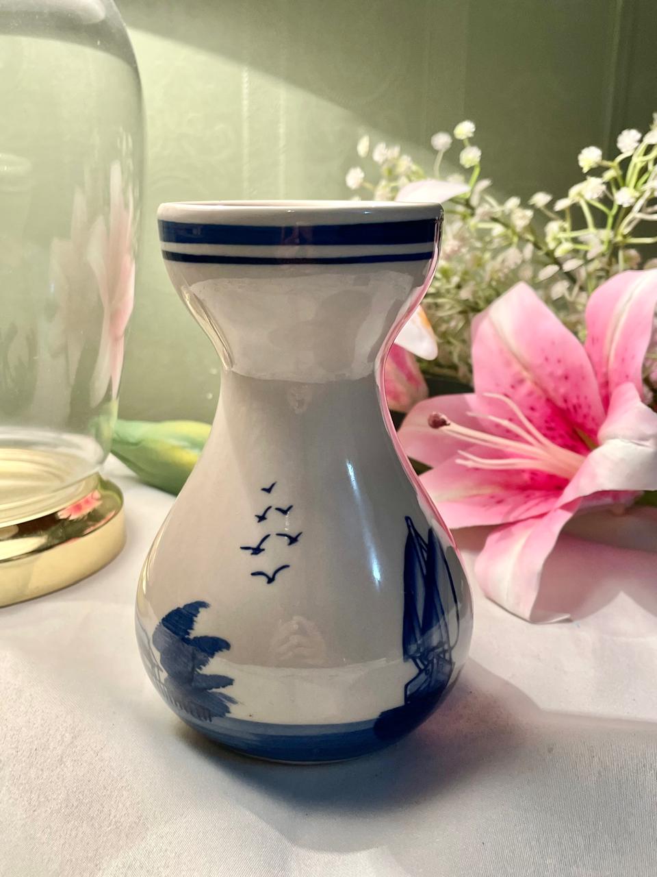 Vintage Blue & White Ceramic Sailboat Vase 14 cm