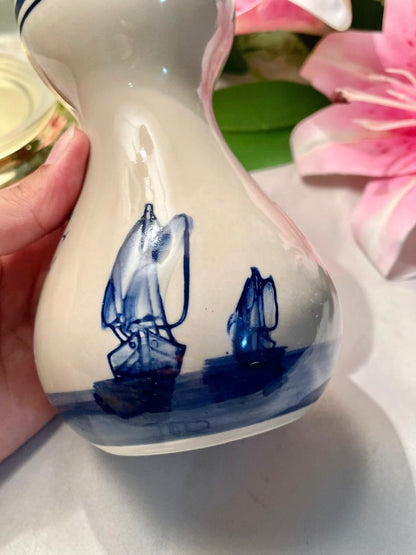 Vintage Blue & White Ceramic Sailboat Vase 14 cm