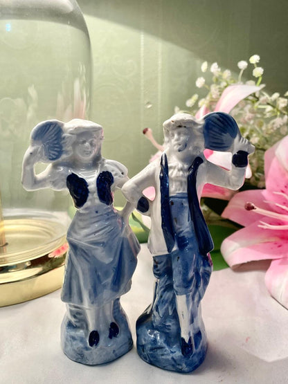 Vintage Blue & White Ceramic Couple Figurines Set of 2, 13 cm