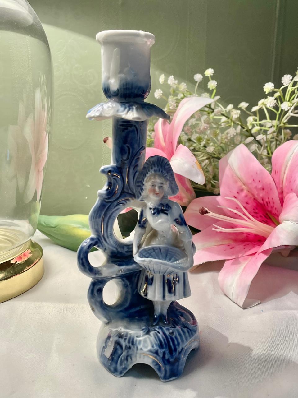Vintage Blue & White Ceramic Figural Candlestick 18 cm