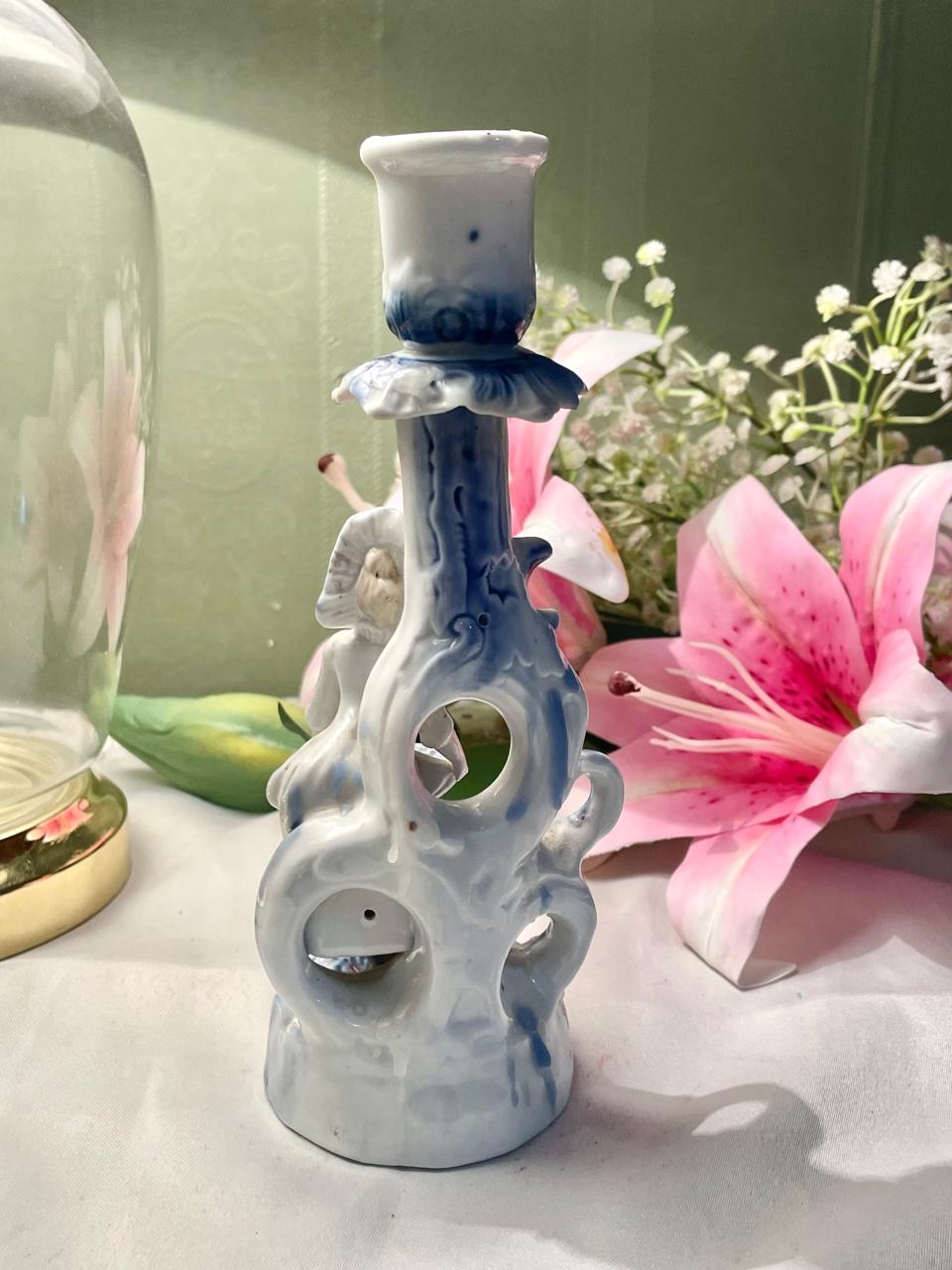 Vintage Blue & White Ceramic Figural Candlestick 18 cm