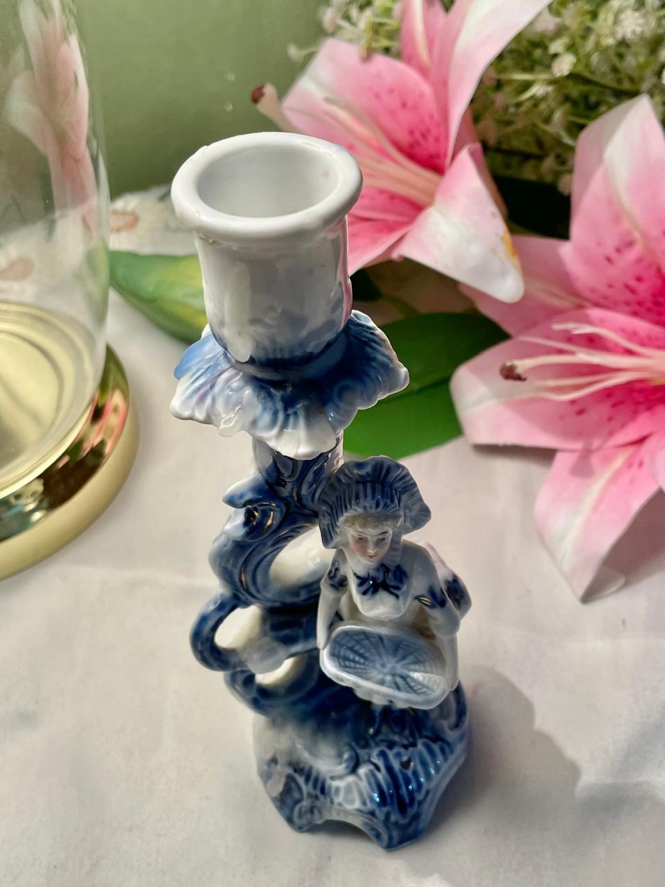 Vintage Blue & White Ceramic Figural Candlestick 18 cm