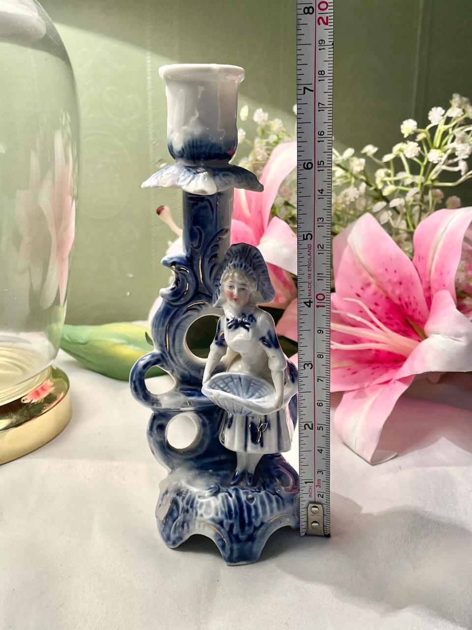 Vintage Blue & White Ceramic Figural Candlestick 18 cm