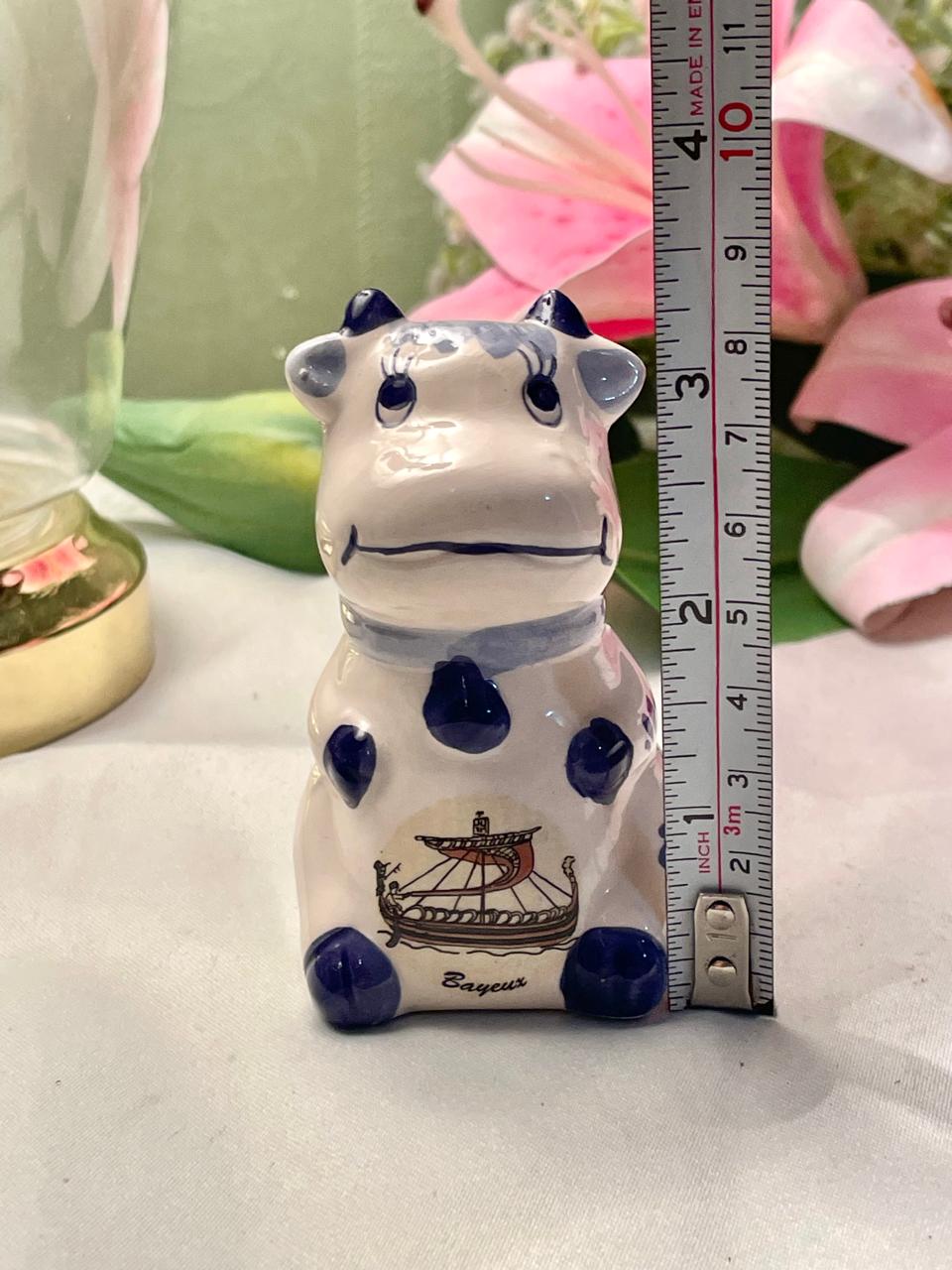 Vintage Blue & White Bayeux Ceramic Cow Shaker 8 cm