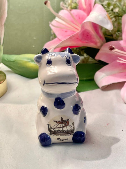 Vintage Blue & White Bayeux Ceramic Cow Shaker 8 cm
