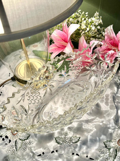 Etched Clear Crystal Cut Large Oval Serving Bowl / Center Piece – 14 Inch
