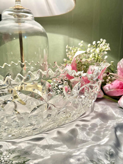 Etched Clear Crystal Cut Large Oval Serving Bowl / Center Piece – 14 Inch