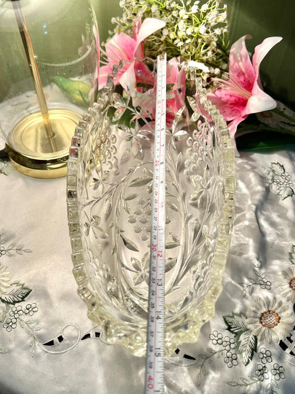 Etched Clear Crystal Cut Large Oval Serving Bowl / Center Piece – 14 Inch