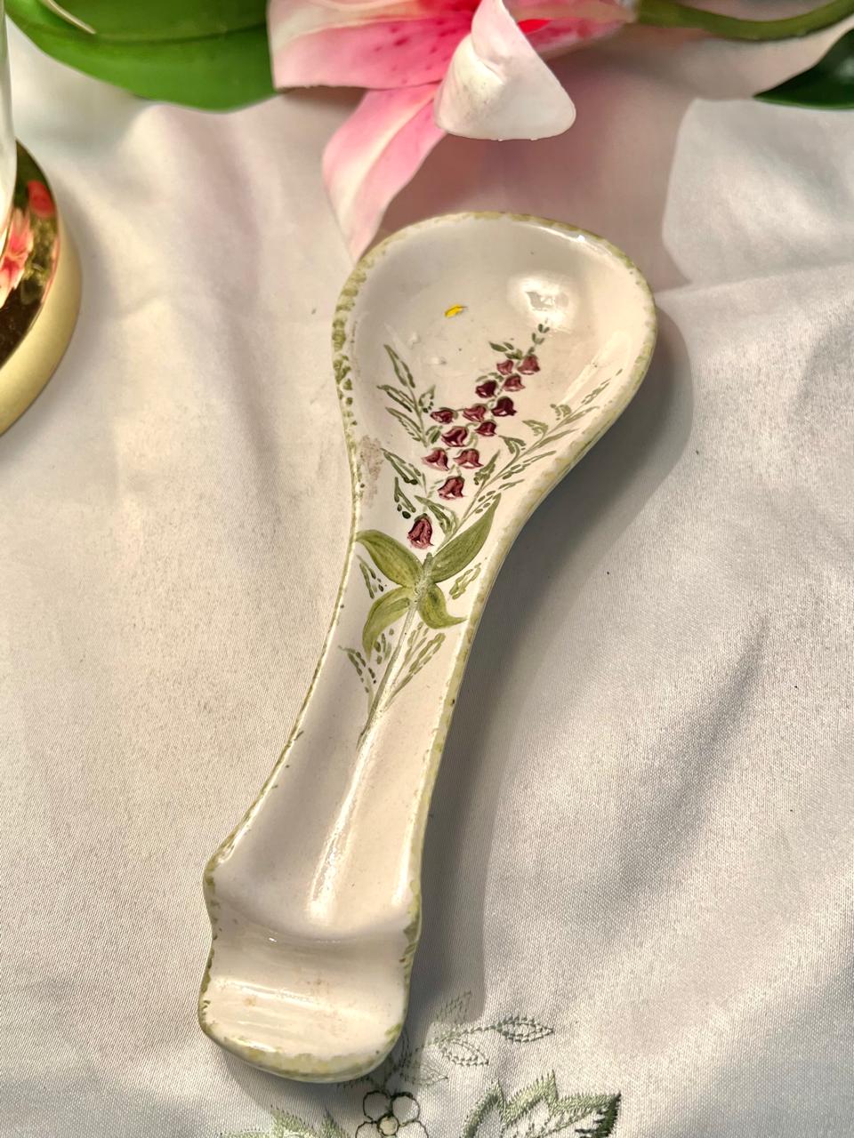 Hand-Painted Floral Ceramic Spoon Rest, Approx. 8 in