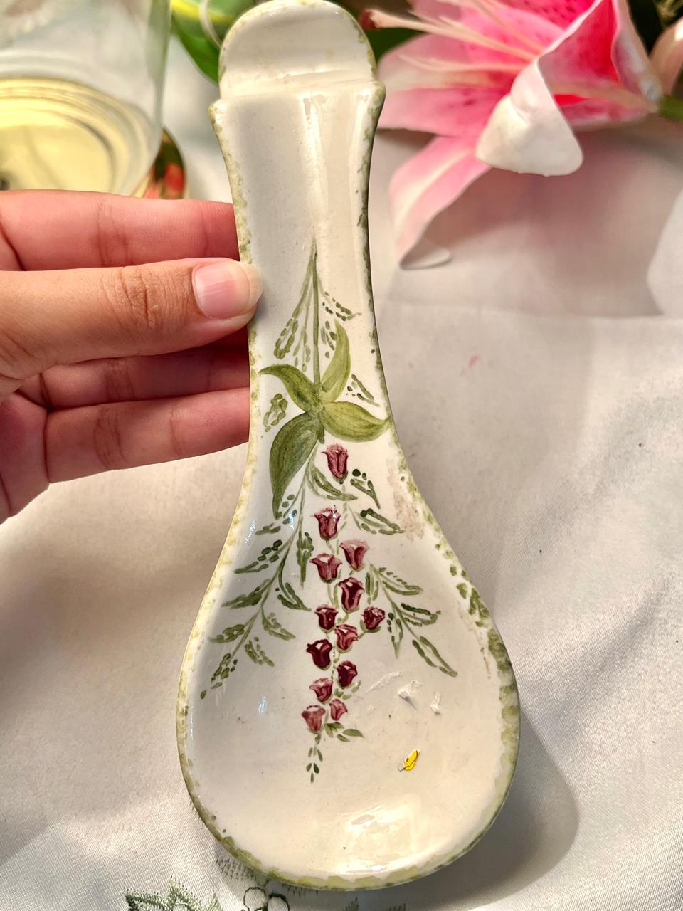 Hand-Painted Floral Ceramic Spoon Rest, Approx. 8 in