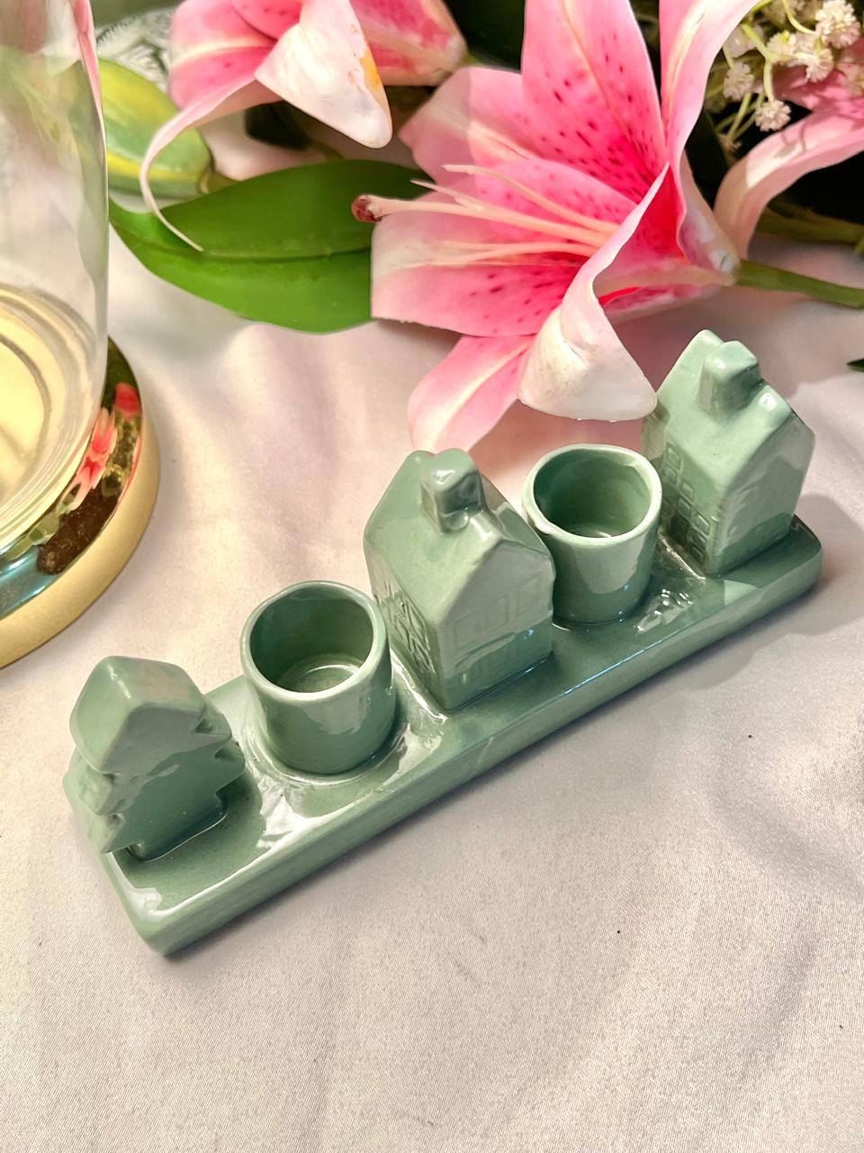 Vintage Green Ceramic Train Condiment Candle Holder Set, Approx. 7 in
