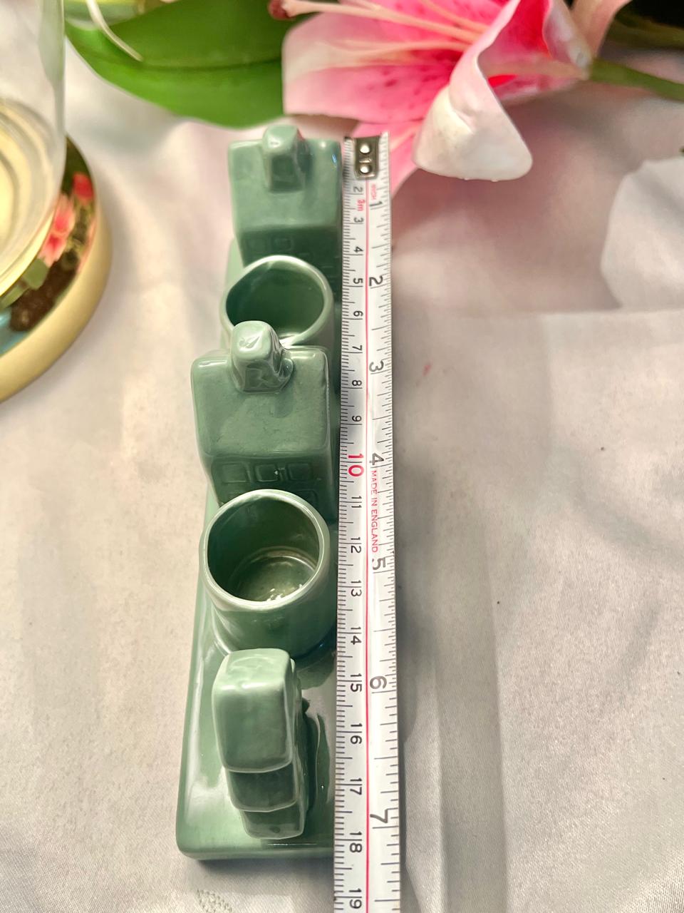 Vintage Green Ceramic Train Condiment Candle Holder Set, Approx. 7 in