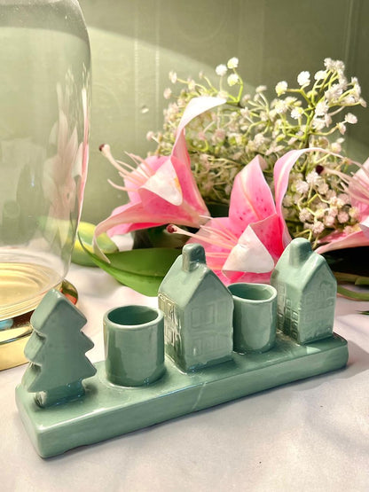 Vintage Green Ceramic Train Condiment Candle Holder Set, Approx. 7 in