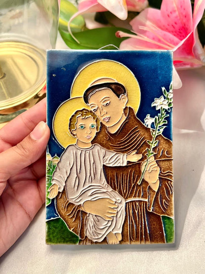 Hand painted Creazioni Luciano Italy Saint Anthony Ceramic Wall Plaque, Approx. 6 in