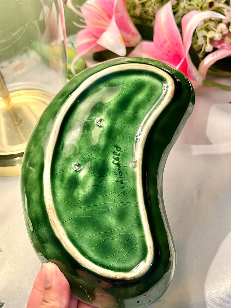 Vintage Green Majolica Leaf Dish, Approx. 8 in