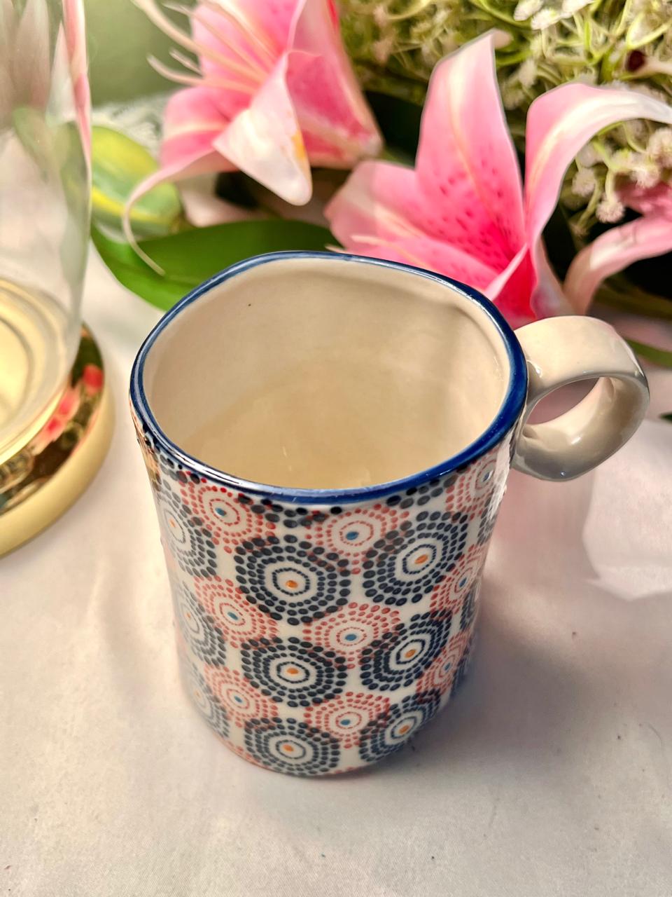 Hand Painted Blue & Red Dot Pattern Ceramic Mug, Approx. 4.25 in