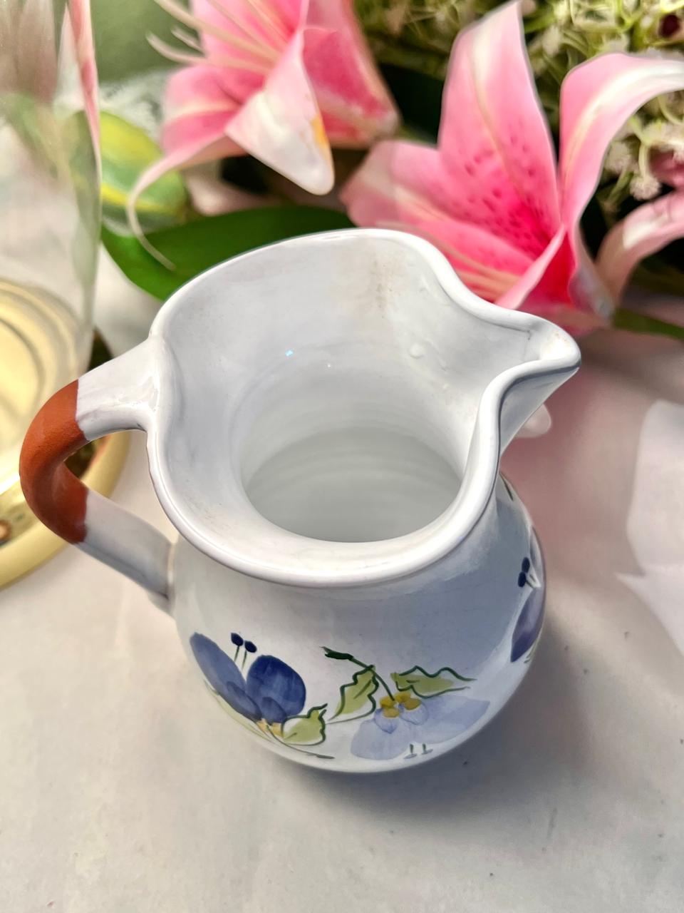 Signed Portugal Hand-Painted Blue Floral Ceramic Pitcher, Approx. 4.75 in