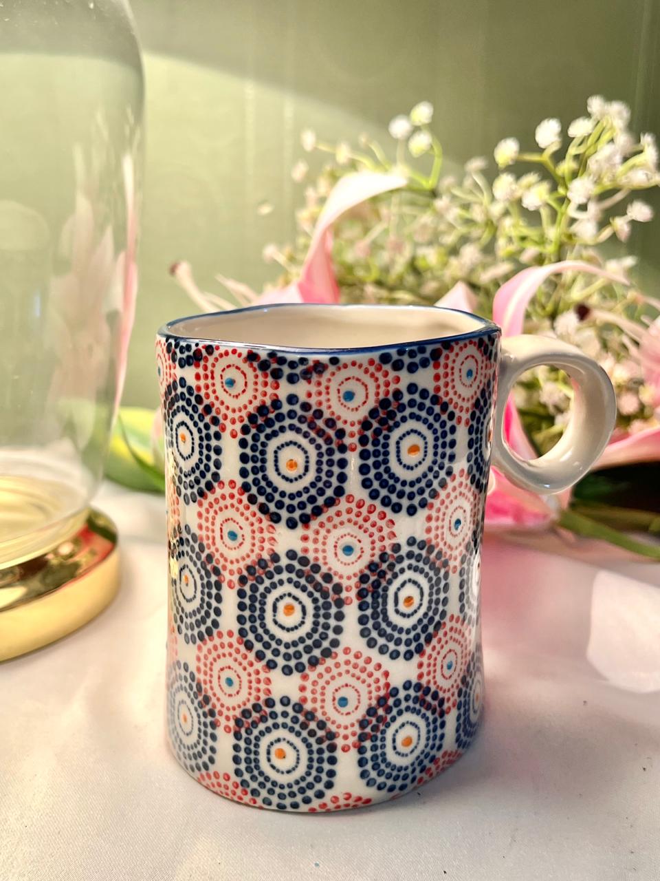 Hand Painted Blue & Red Dot Pattern Ceramic Mug, Approx. 4.25 in