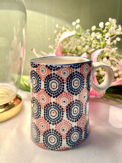 Hand Painted Blue & Red Dot Pattern Ceramic Mug, Approx. 4.25 in