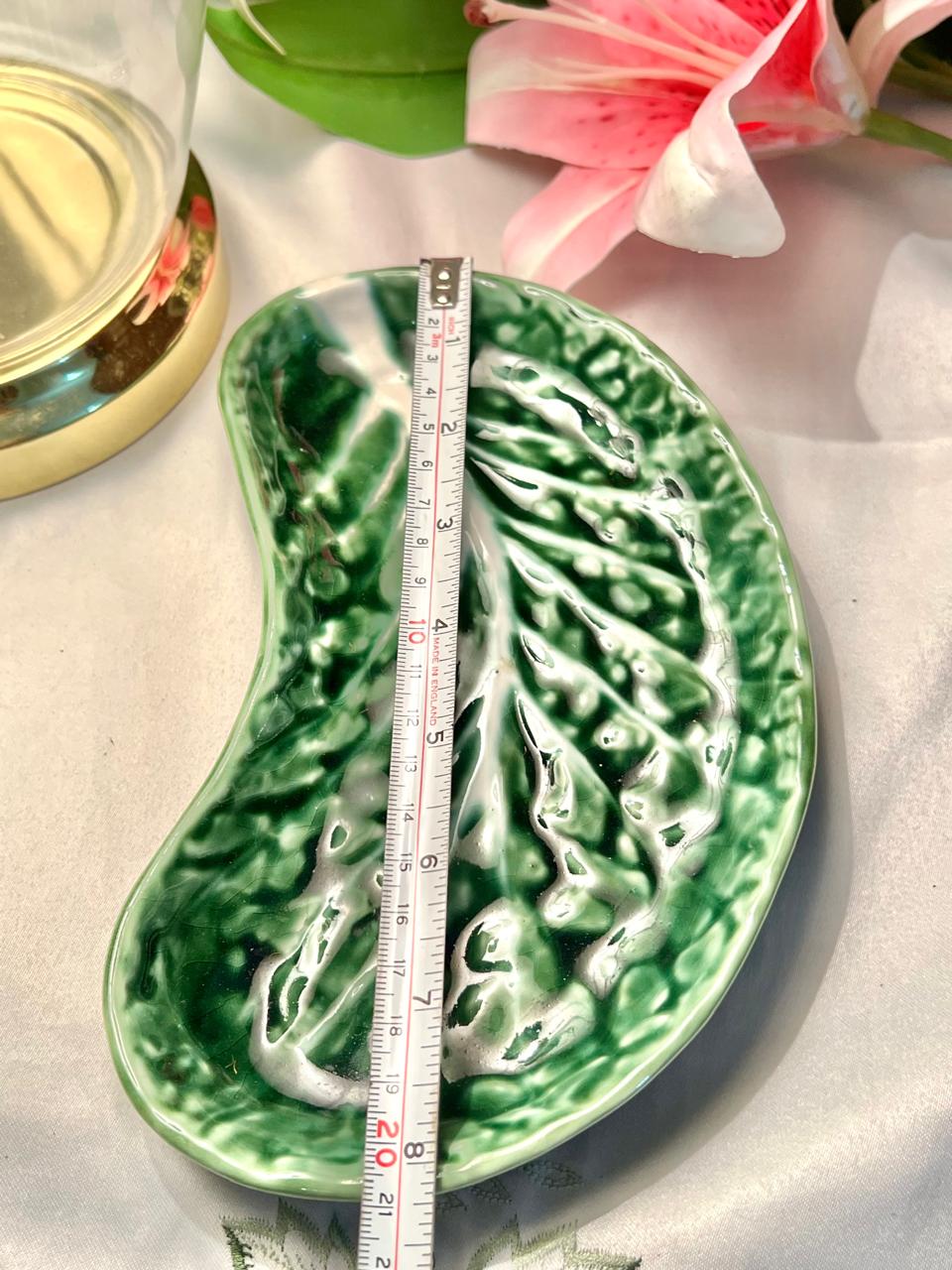 Vintage Green Majolica Leaf Dish, Approx. 8 in