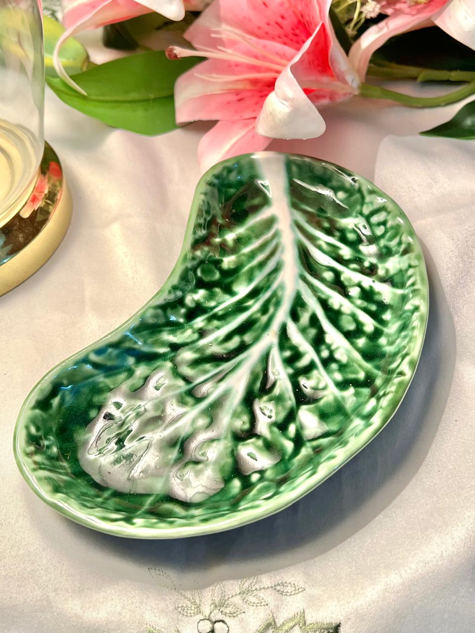 Vintage Green Majolica Leaf Dish, Approx. 8 in