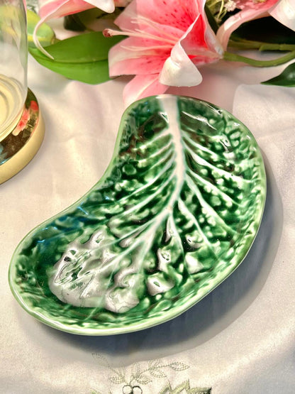 Vintage Green Majolica Leaf Dish, Approx. 8 in