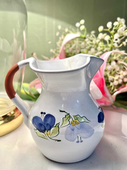 Signed Portugal Hand-Painted Blue Floral Ceramic Pitcher, Approx. 4.75 in