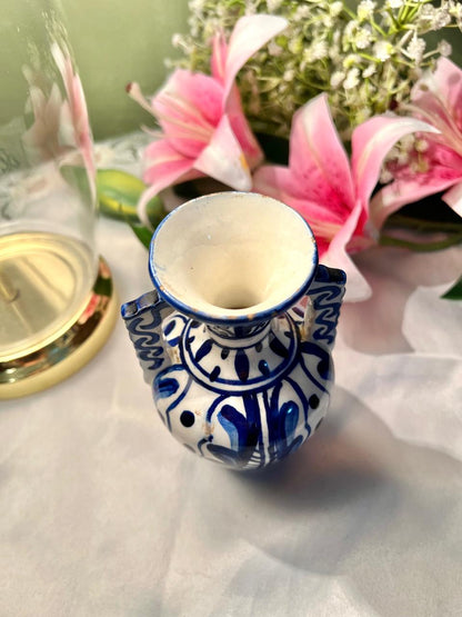 Hand Painted Blue & White Double-Handle Ceramic Vase, Approx. 6 in