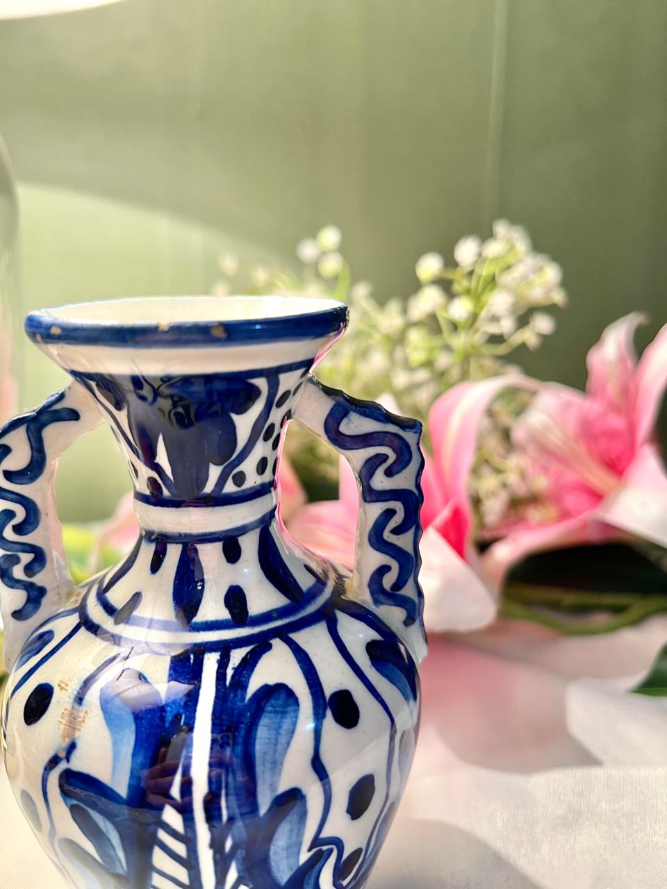 Hand Painted Blue & White Double-Handle Ceramic Vase, Approx. 6 in