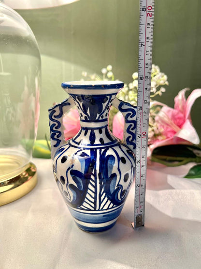 Hand Painted Blue & White Double-Handle Ceramic Vase, Approx. 6 in