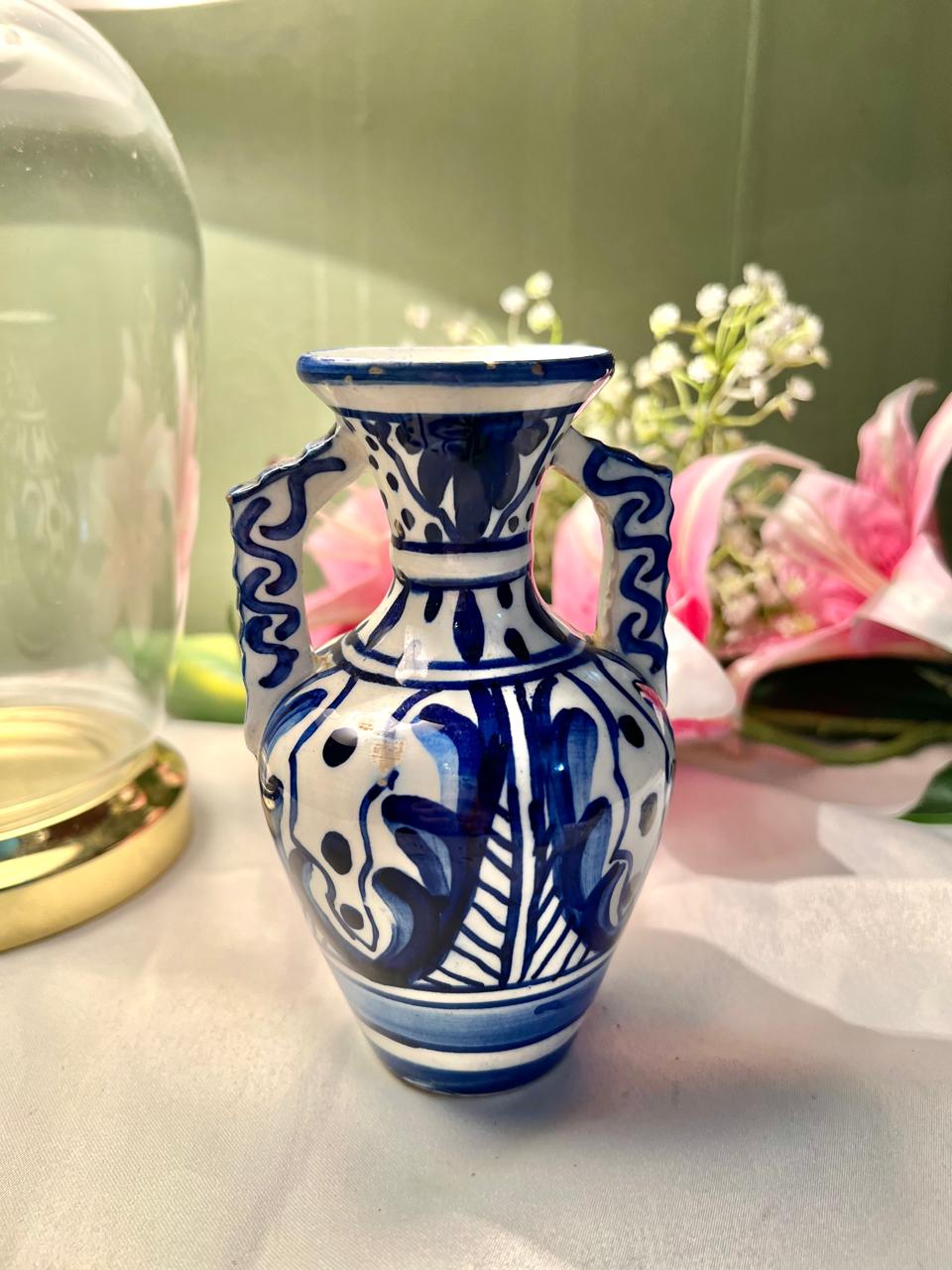 Hand Painted Blue & White Double-Handle Ceramic Vase, Approx. 6 in