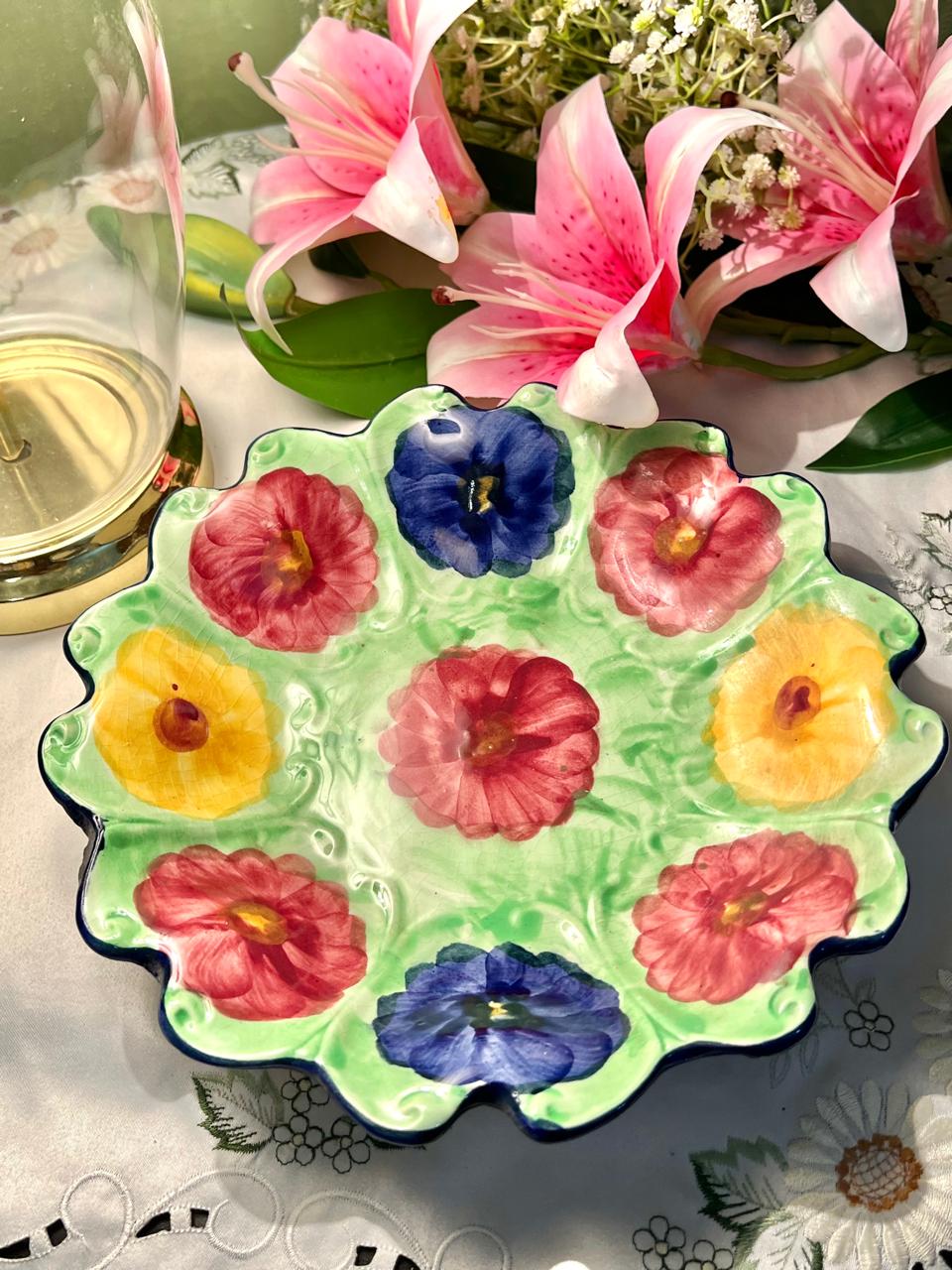 Hand Painted Scalloped Floral Ceramic Large Serving Bowl, Approx. 9.5 in