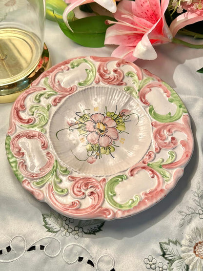 Hand Painted Pink & Green Rococo Floral Ceramic Decorative plate , Approx. 9 in
