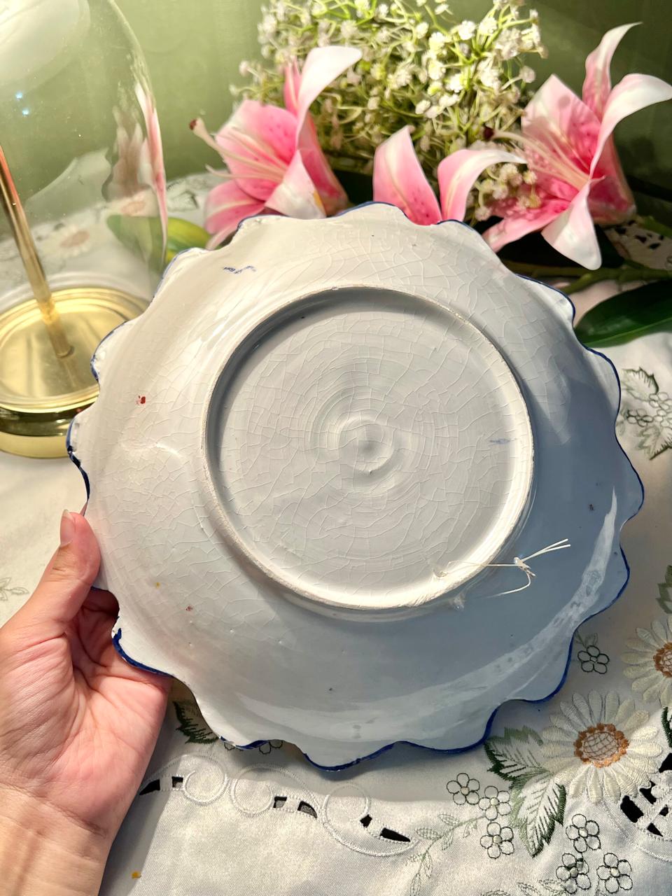 Hand Painted Scalloped Floral Ceramic Large Serving Bowl, Approx. 9.5 in