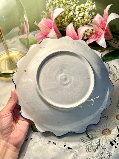 Hand Painted Scalloped Floral Ceramic Large Serving Bowl, Approx. 9.5 in