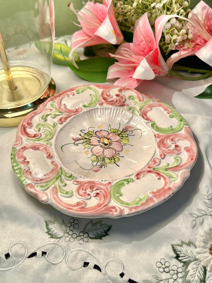 Hand Painted Pink & Green Rococo Floral Ceramic Decorative plate , Approx. 9 in