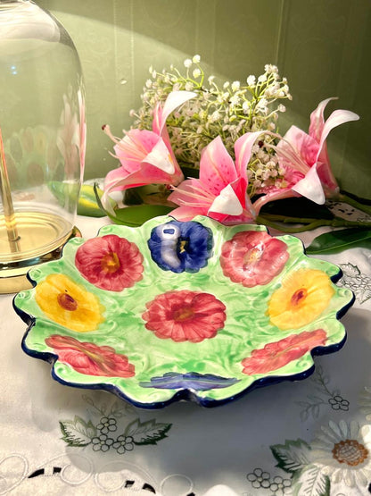 Hand Painted Scalloped Floral Ceramic Large Serving Bowl, Approx. 9.5 in