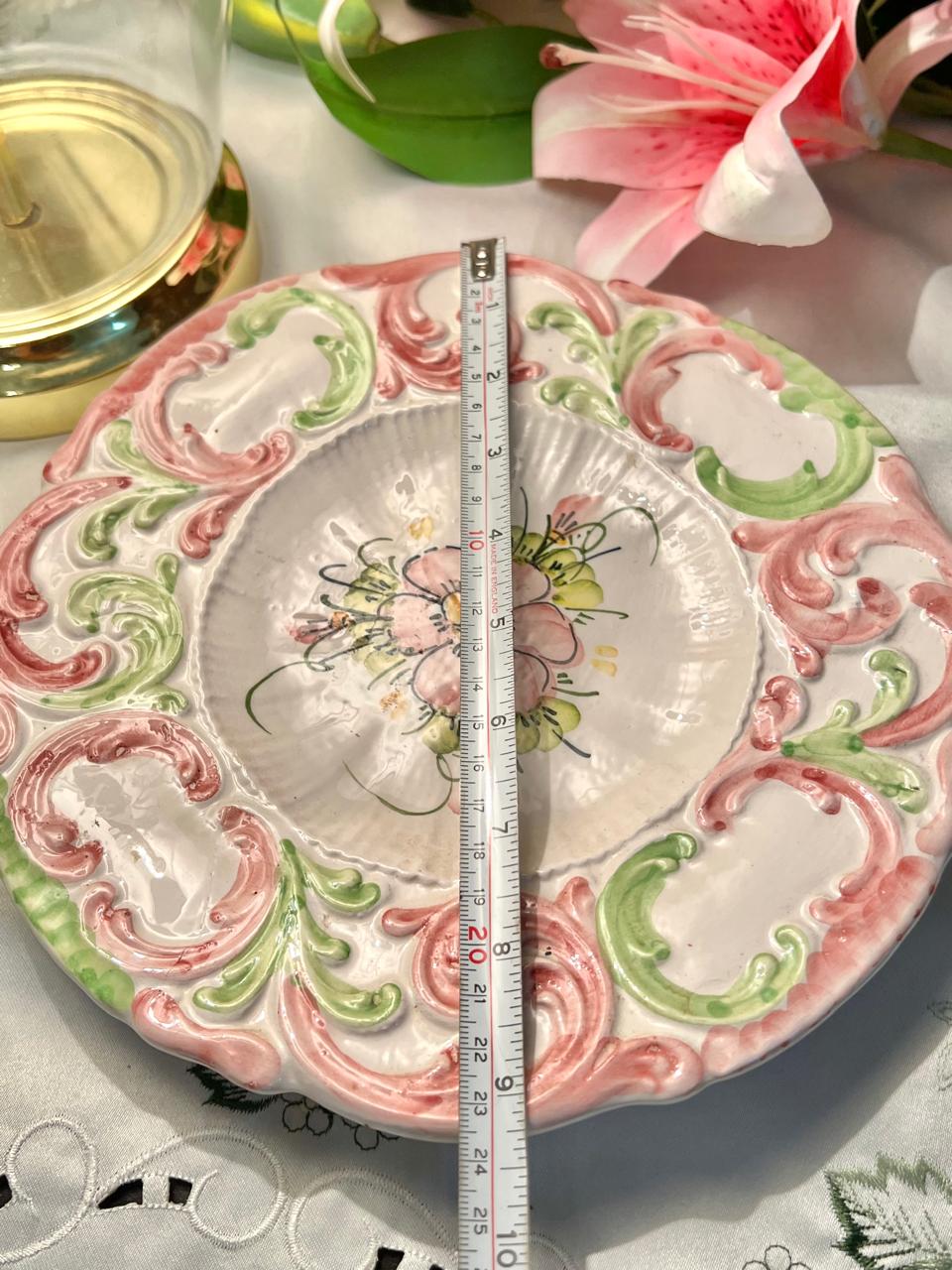 Hand Painted Pink & Green Rococo Floral Ceramic Decorative plate , Approx. 9 in