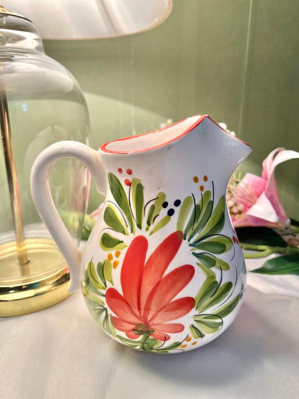 Hand Painted Floral Ceramic Jug, Red & Green, 1-Piece, Approx. 7 in
