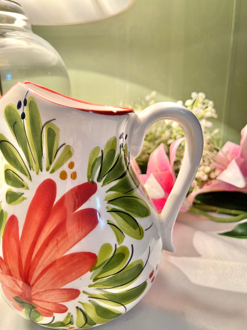 Hand Painted Floral Ceramic Jug, Red & Green, 1-Piece, Approx. 7 in