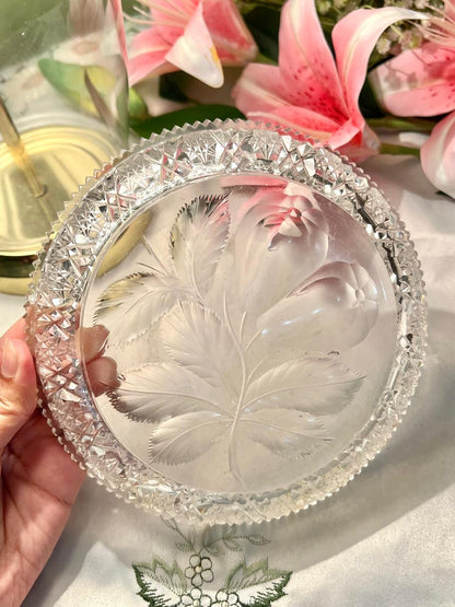 Vintage Crystal Cut Rose Serving Dish 7.5 in
